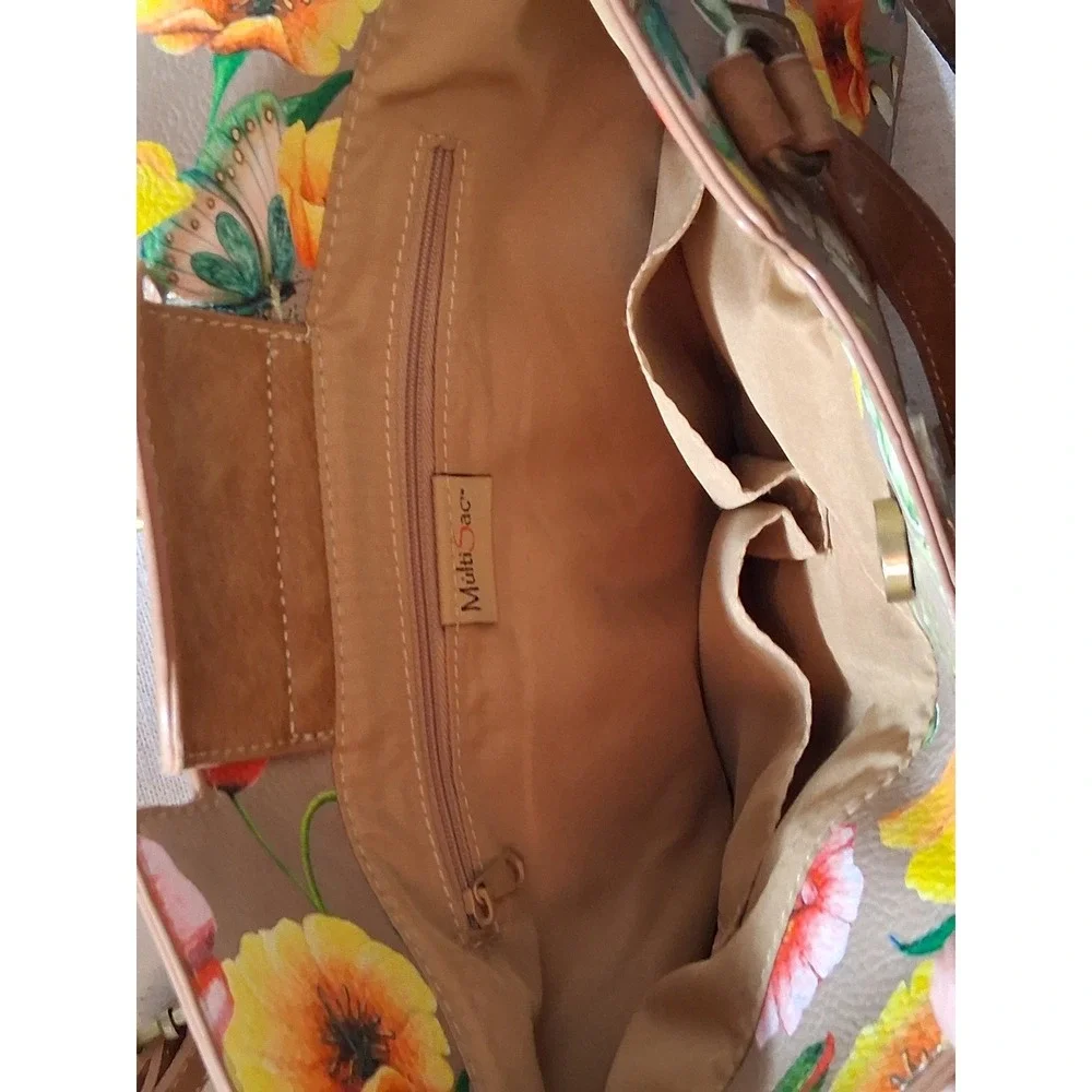 MultiSac Floral Butterfly Dragonfly Satchel Crossbody Handbag Tan Multi Pocket